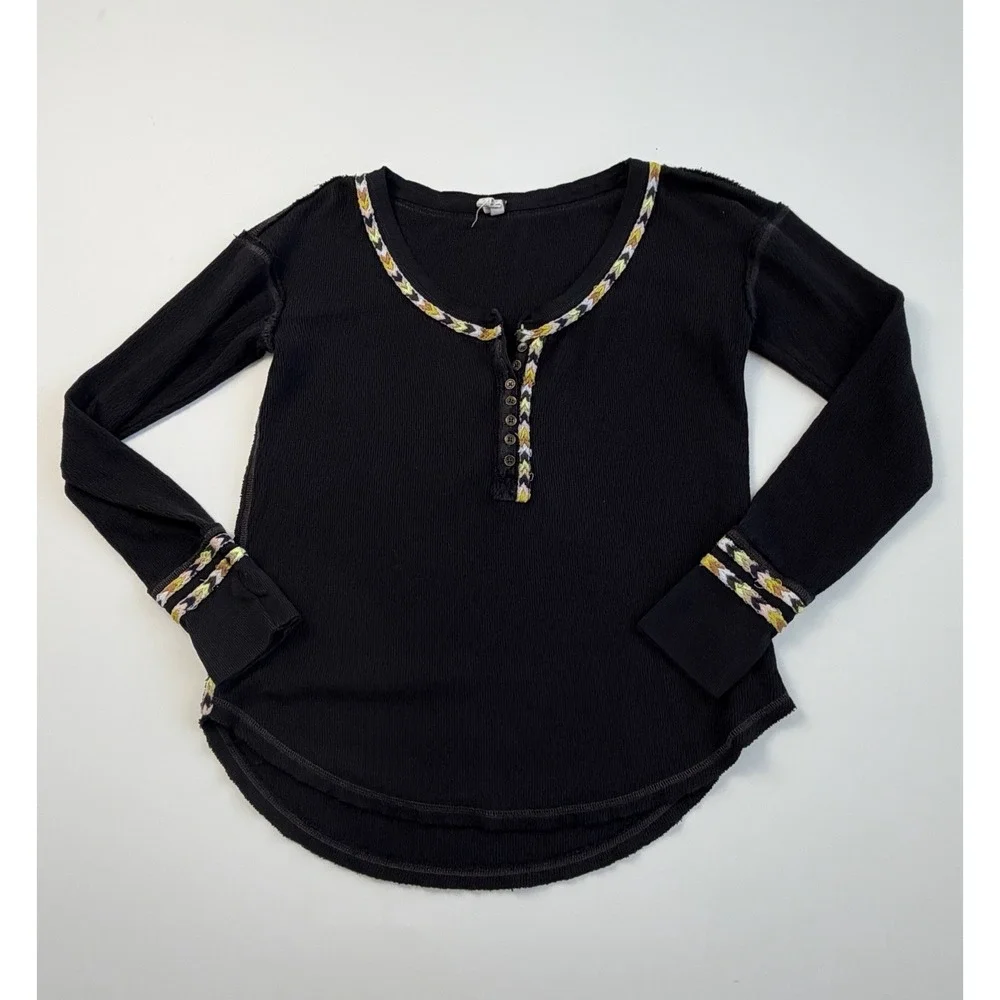 FREE PEOPLE Black Cotton Blend Rainbow Thermal Henley Top S